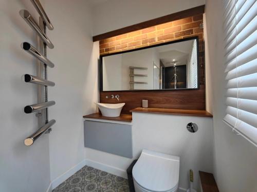 a bathroom with a mirror and a toilet at Chandlers Ford Home in Southampton