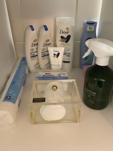 a bathroom counter with toiletries and a bottle of soap at Haus Karin Mallnitz in Mallnitz