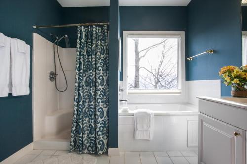 ブラック・マウンテンにあるRed Plum Town Homeのバスルーム(バスタブ、シャワーカーテン付)