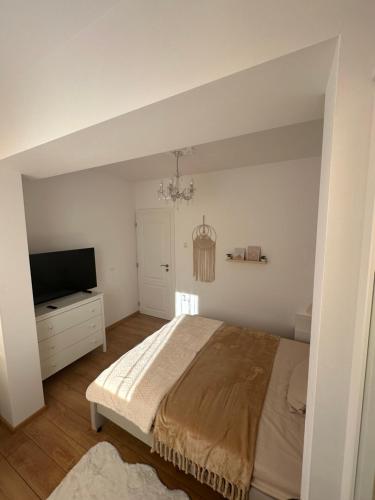 a bedroom with a bed and a flat screen tv at Relax apart Varna in Varna City