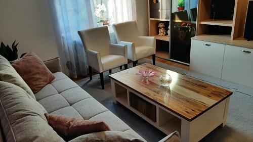 Apartman Mibel في زغرب: غرفة معيشة مع أريكة وطاولة قهوة