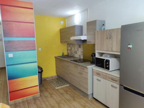 - une cuisine avec des placards en bois et un mur coloré dans l'établissement F2 PARC TRINITE, à Saint-Denis