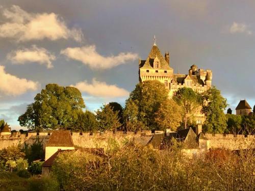 een groot kasteel bovenop een heuvel bij Maison de Montfort in Vitrac