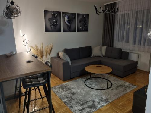 un soggiorno con divano e tavolo di Apartman Dina a Pirot