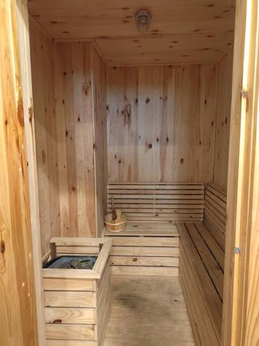 a sauna with wooden walls and a wooden floor at Seaview Infinity Pool , 40th , 9pax, 3Rooms 2Carpark in Jelutong