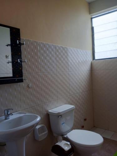 La salle de bains est pourvue de toilettes blanches et d'un lavabo. dans l'établissement hospedaje, independiente aranjuez, à Tarija