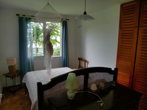 ein Schlafzimmer mit einem Bett mit einem Kleid, das am Fenster hängt in der Unterkunft Appartement Emeraude et studio Azur in Gourbeyre