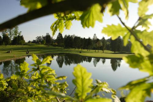 a reflection of a golf course in a pond at Balneario de Mondariz in Mondariz-Balneario
