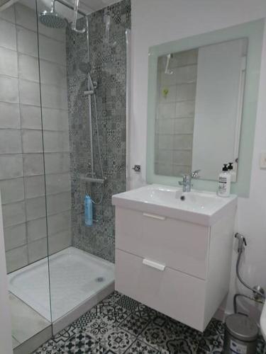 a bathroom with a shower and a sink and a mirror at D espacios elevados 1 in Punta del Hidalgo
