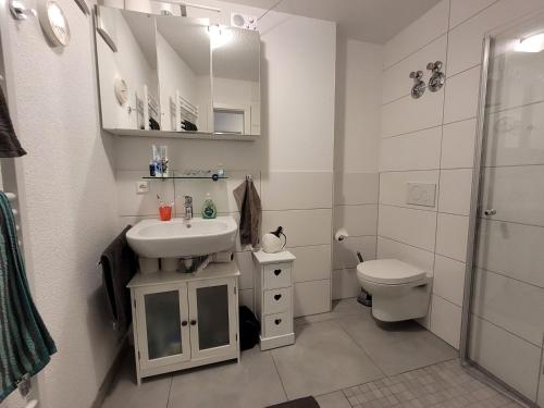 La salle de bains blanche est pourvue d'un lavabo et de toilettes. dans l'établissement Ferienwohnung Hermine, à Tuttlingen