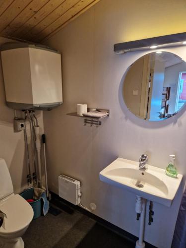 a bathroom with a sink and a mirror and a toilet at Lovsjöbadens Camping in Jönköping
