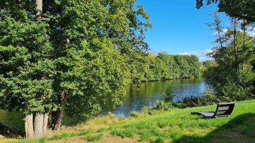 a bench sitting in the grass next to a river at Maison d'hôte au bord de la Rivière avec jacuzzi in Épinal