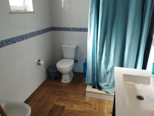 a bathroom with a toilet and a blue shower curtain at Casa Sarguito in Sagres
