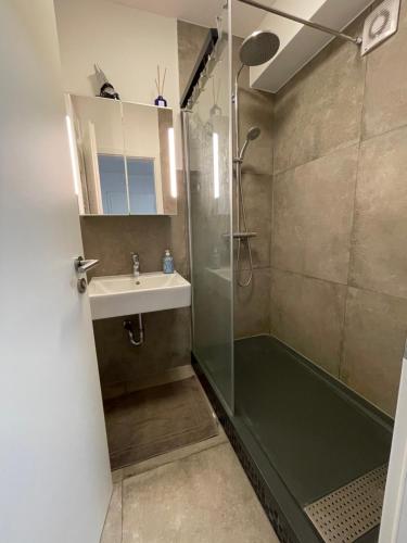 ein Bad mit einer Dusche und einem Waschbecken in der Unterkunft Cozy apartment city nightlife in Düsseldorf