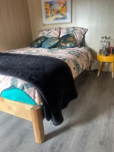 une chambre avec un lit avec une couverture noire dessus dans l'établissement Studio greenkub St clément de rivière 5 mn Montpellier, à Saint-Clément-de-Rivière