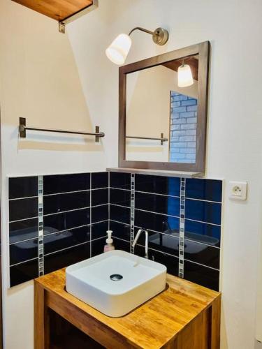 une salle de bain avec un lavabo blanc et un miroir dans l'établissement Les toits de Talensac - 4pers - Hypercentre, à Nantes