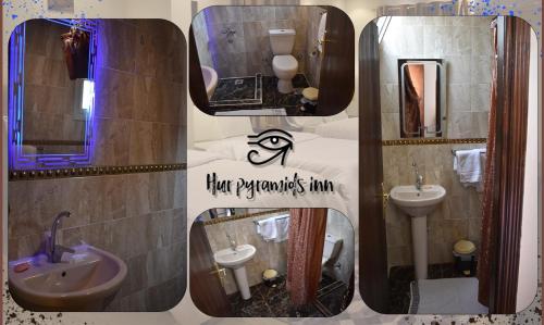 a collage of photos of a bathroom with a sink and a mirror at Hur magic inn in Cairo
