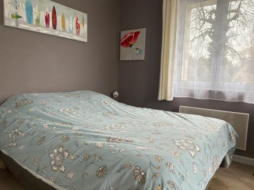 1 dormitorio con 1 cama con edredón azul y ventana en studio 6 Versoie avec parking, en Thonon-les-Bains