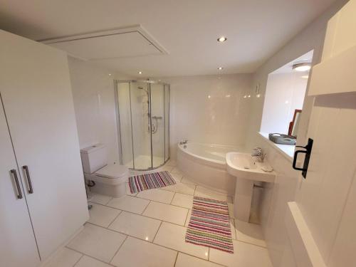 a bathroom with a shower toilet and a sink at Grange Cottage in Aysgarth