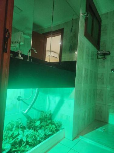 uma casa de banho com um aquário num lavatório em Apartamento Capão da Canoa com garagem em Capão da Canoa