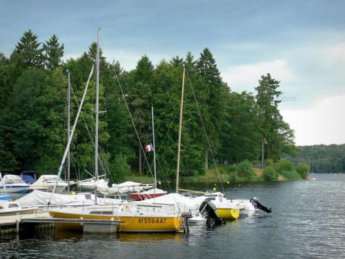 un grupo de barcos atracados en un muelle en el agua en Chalet au coeur du parc du Morvan - Moux-en-Morvan, en Moux-en-Morvan