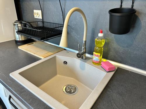 a kitchen counter with a sink and a soap bottle at Pine Tree - charming apartment in Bansko