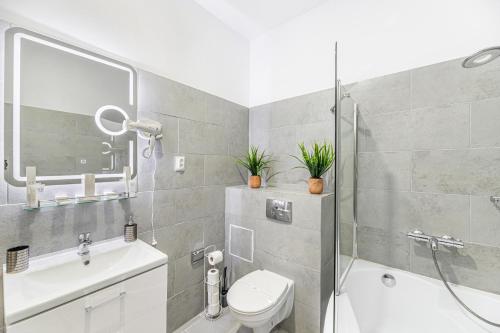 a bathroom with a toilet and a sink and a shower at Bada Bing Residence in Braşov