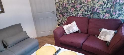 sala de estar con sofá púrpura y silla en The Woodlands apartments 1, en Londres