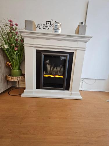 a fireplace in a living room with a white mantle at Ferienwohnung - Apartment Pichlarn Holiday in Aigen im Ennstal
