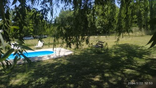 a swimming pool in a yard with a tree overhead at Casa De Campo El Corral in Carmen de Areco