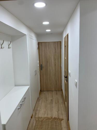 a hallway with white cabinets and a wooden door at Přízemí v parku. (Apartment no.8) in Znojmo