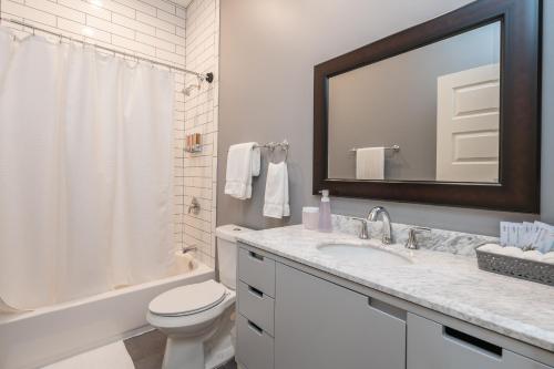 La salle de bains est pourvue d'un lavabo, de toilettes et d'un miroir. dans l'établissement Beautiful 3 BD Home in The Grove - JZ Vacation Rentals, à Tower Grove