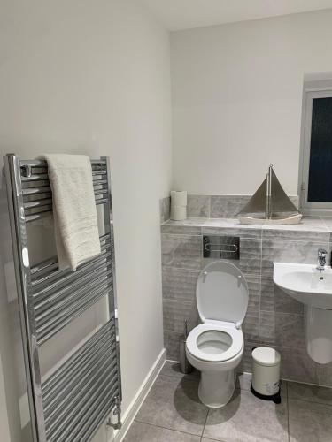 a bathroom with a toilet and a sink at LUXURY 3 BED HOME with MULTIPLE FREE PARKING BAYS Early Check-in Late Check- Out Allowed in West Thurrock