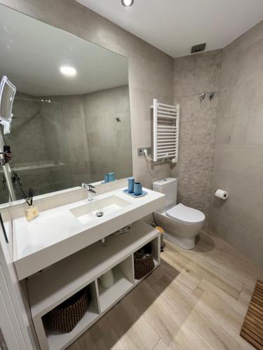 y baño con lavabo, aseo y espejo. en Fantastico Apartamento Suite en centro de Granada, en Granada