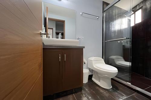 a bathroom with a toilet and a sink and a mirror at Departamento para grupos grandes in Mexico City