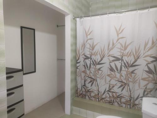 a bathroom with a shower curtain and a toilet at Bryslaungeguayaquil in Guayaquil