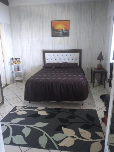 1 dormitorio con 1 cama grande y 1 alfombra en Beleza de Angra Apartamento Aconchegante, en Angra dos Reis