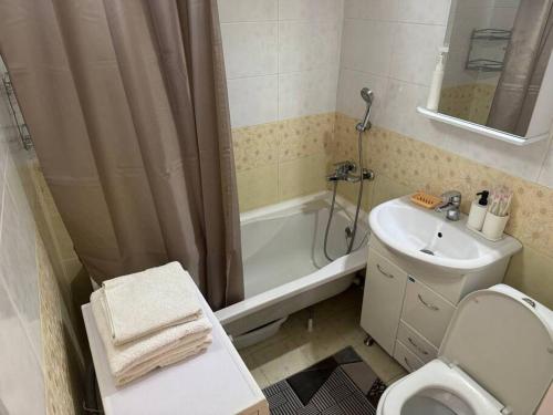 uma casa de banho com um WC, um lavatório e um chuveiro em Трехкомнатная квартира в центре города с выходом в центральный Парк em Qostanay
