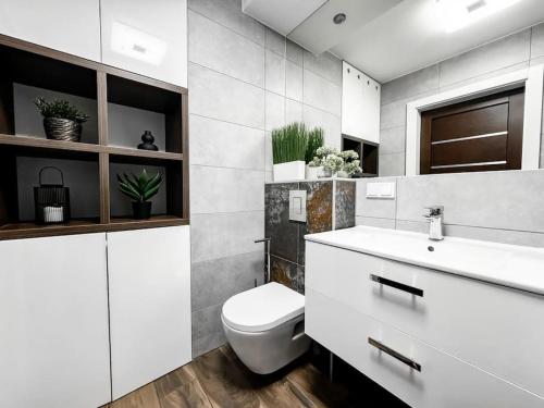 a white bathroom with a toilet and a sink at Apartament 101 Kępa Mieszczańska in Wrocław