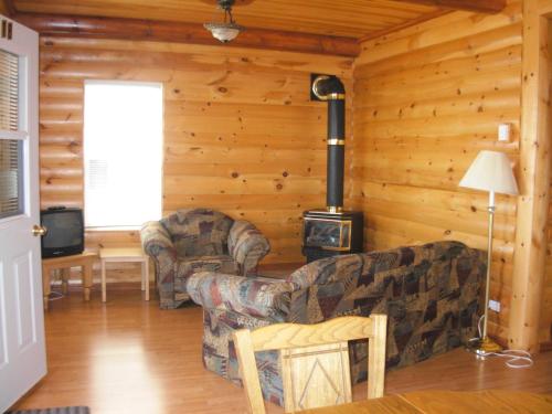 a living room with a couch and a stove at Motel et Chalets Bo-Fleuve Evangeline in Saint-Siméon