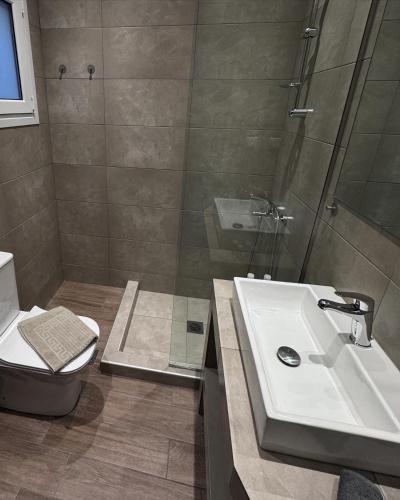 a bathroom with a toilet and a sink and a shower at Central Stylish Lux Apartments in Lamía
