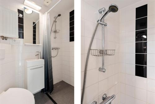 La salle de bains est pourvue d'une douche et de toilettes. dans l'établissement De Schelp 18, Garden & Free Parking, à Zandvoort