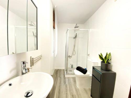 een witte badkamer met een wastafel en een douche bij San Gil in Cenes de la Vega