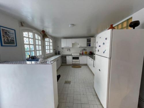 a kitchen with white appliances and a white refrigerator at La Maison Bleue in Dar Salah Bey