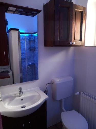 a bathroom with a white sink and a toilet at SáBa Vendégház in Tapolca