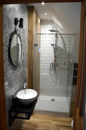 a bathroom with a shower and a sink and a toilet at KOŃSKA GÓRKA Agroturystyka in Rabka
