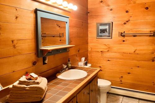 a bathroom with a sink and a toilet and a mirror at Peaceful Mountain Delight in East Burke