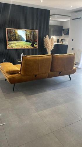 - un canapé brun dans une pièce dans l'établissement Appartement moderne, à Villeurbanne