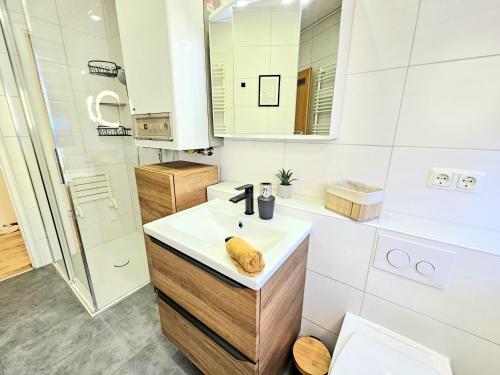 a bathroom with a sink and a shower and a toilet at Fewo Honey, ganze Ferienwohnung mit 3 Schlafzimmern, Waschmaschine,Businesswohnung, Monteurzimmer in Salzgitter