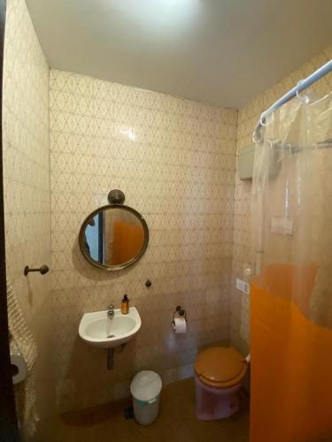 リオデジャネイロにあるCasa Sapucaiaのバスルーム(洗面台、トイレ、鏡付)